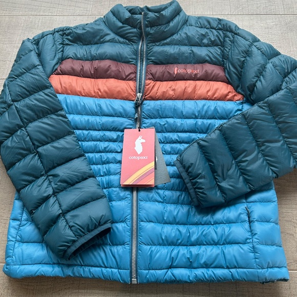 NWT: Cotopaxi Women's Fuego Hooded Down Jacket Green Blue Abyss Stripes - Med - Picture 5 of 7